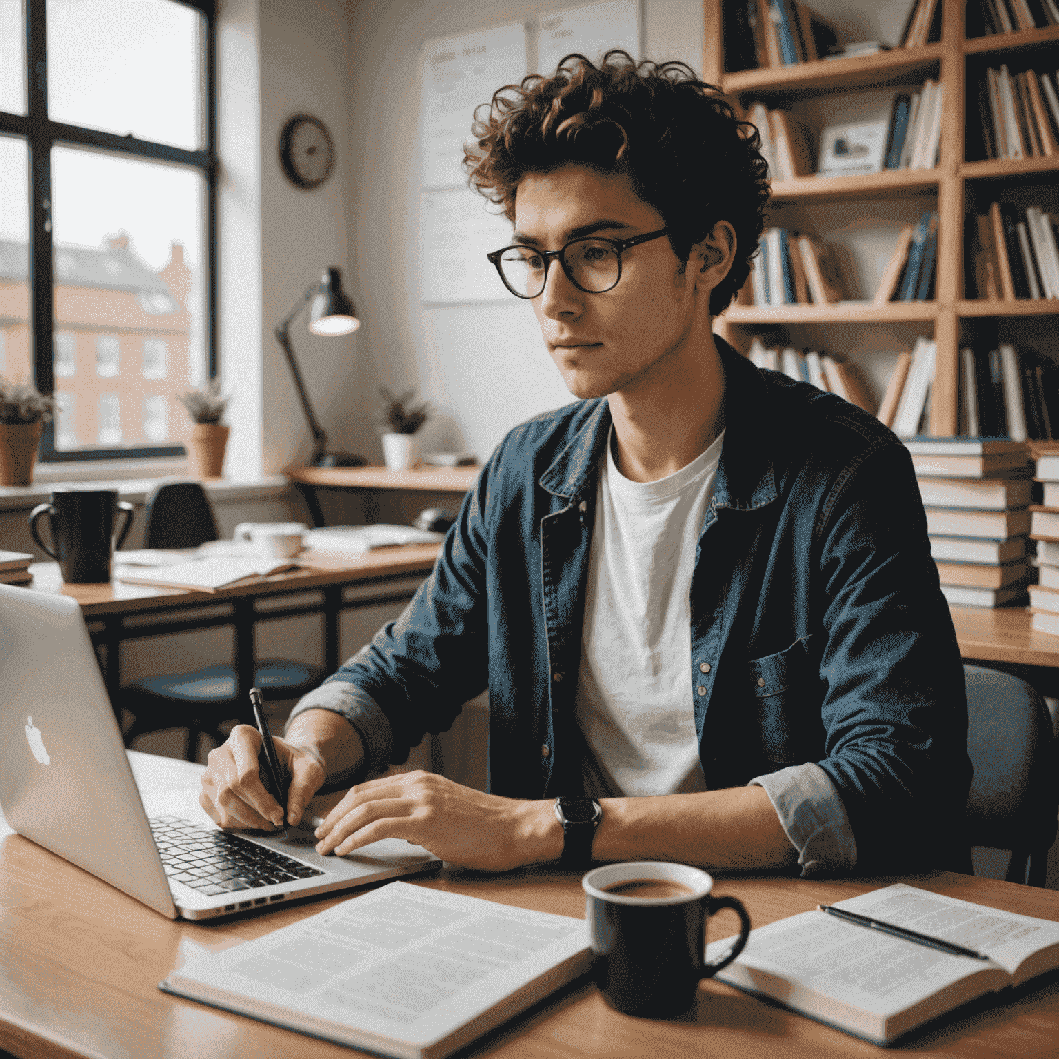 A student sitting at a desk, using a laptop with Aiworkspacehome open, surrounded by textbooks and a cup of coffee. The student looks focused and organized.