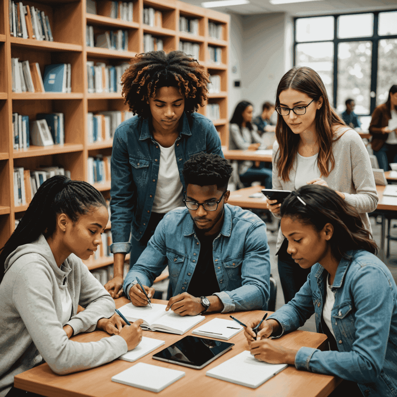 A group of diverse students collaboratively using Aiworkspacehome on various devices in a modern library setting. They are seen organizing study notes, sharing ideas, and accessing information seamlessly.