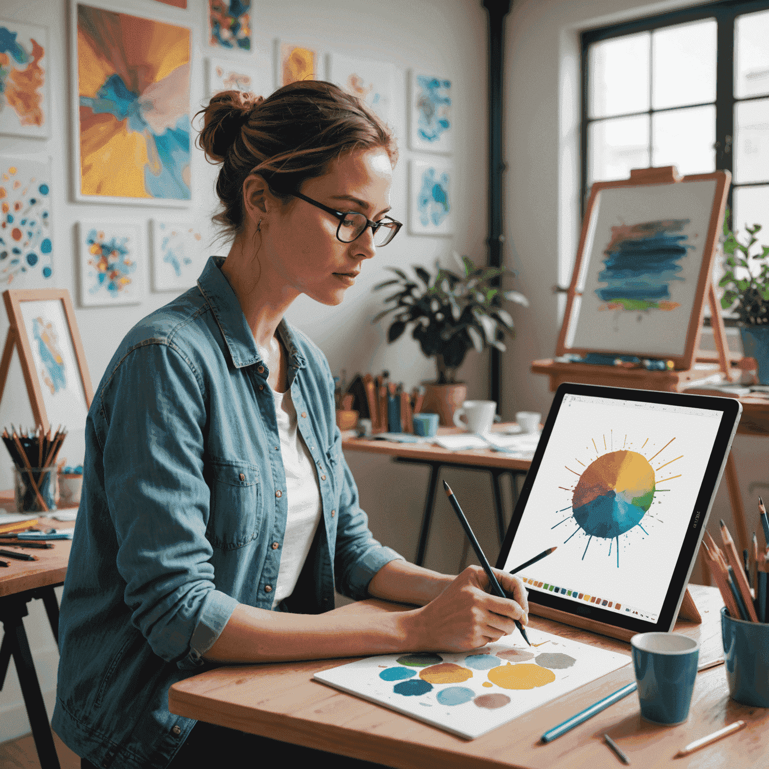 An artist in a bright studio, using Aiworkspacehome on a tablet to sketch ideas and take notes. The studio is filled with colorful artworks and supplies.