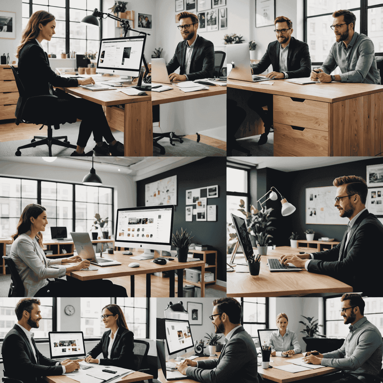 A montage of professionals in various settings - an office, a creative studio, and a home office - all using Aiworkspacehome. They are shown managing projects, brainstorming ideas, and collaborating remotely using the platform.