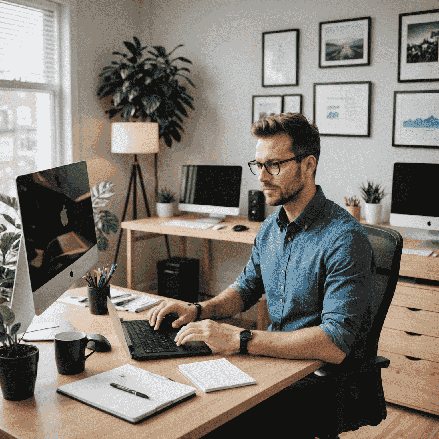 An entrepreneur working from a home office, using Aiworkspacehome on multiple devices. The space looks organized and efficient.