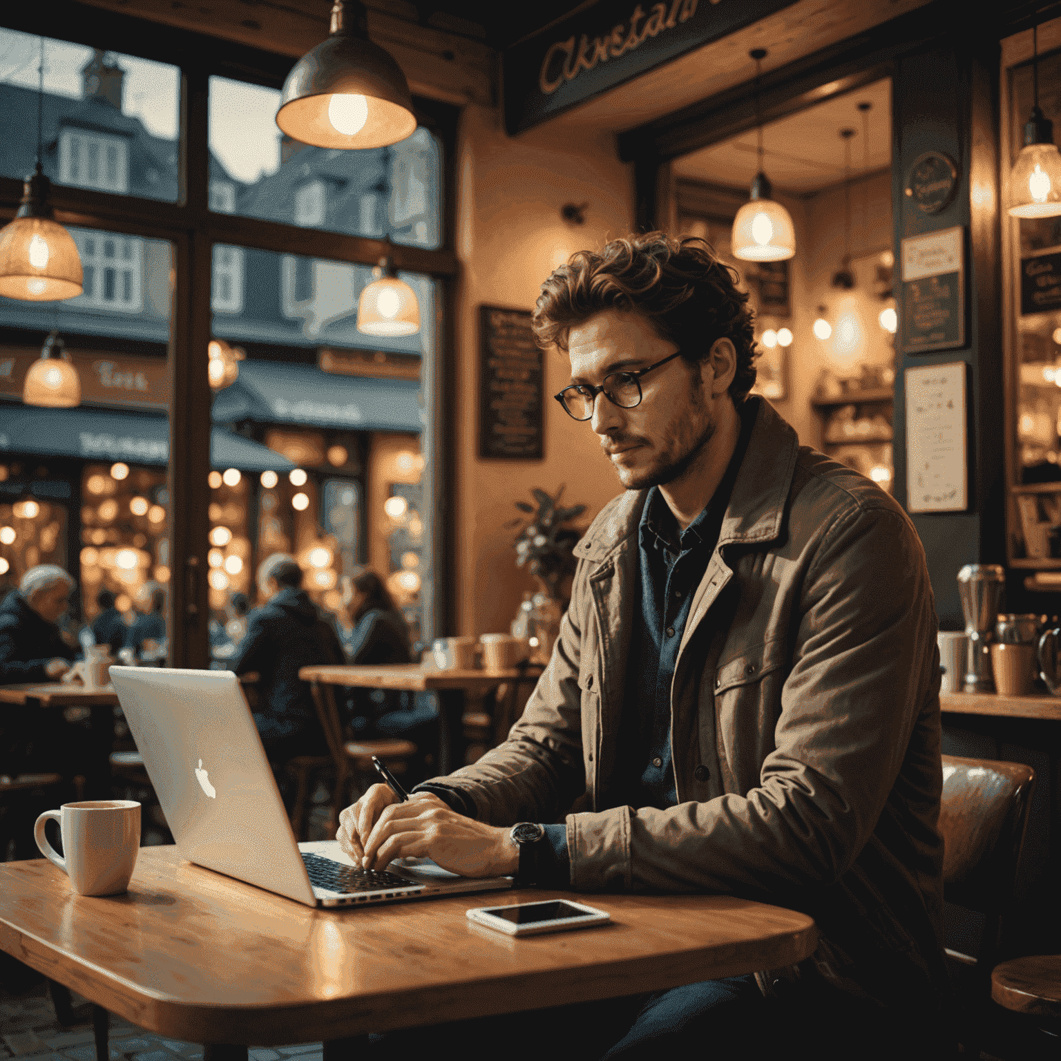 A writer sitting in a cozy cafe, using Aiworkspacehome on a laptop. The atmosphere is warm and inspiring.