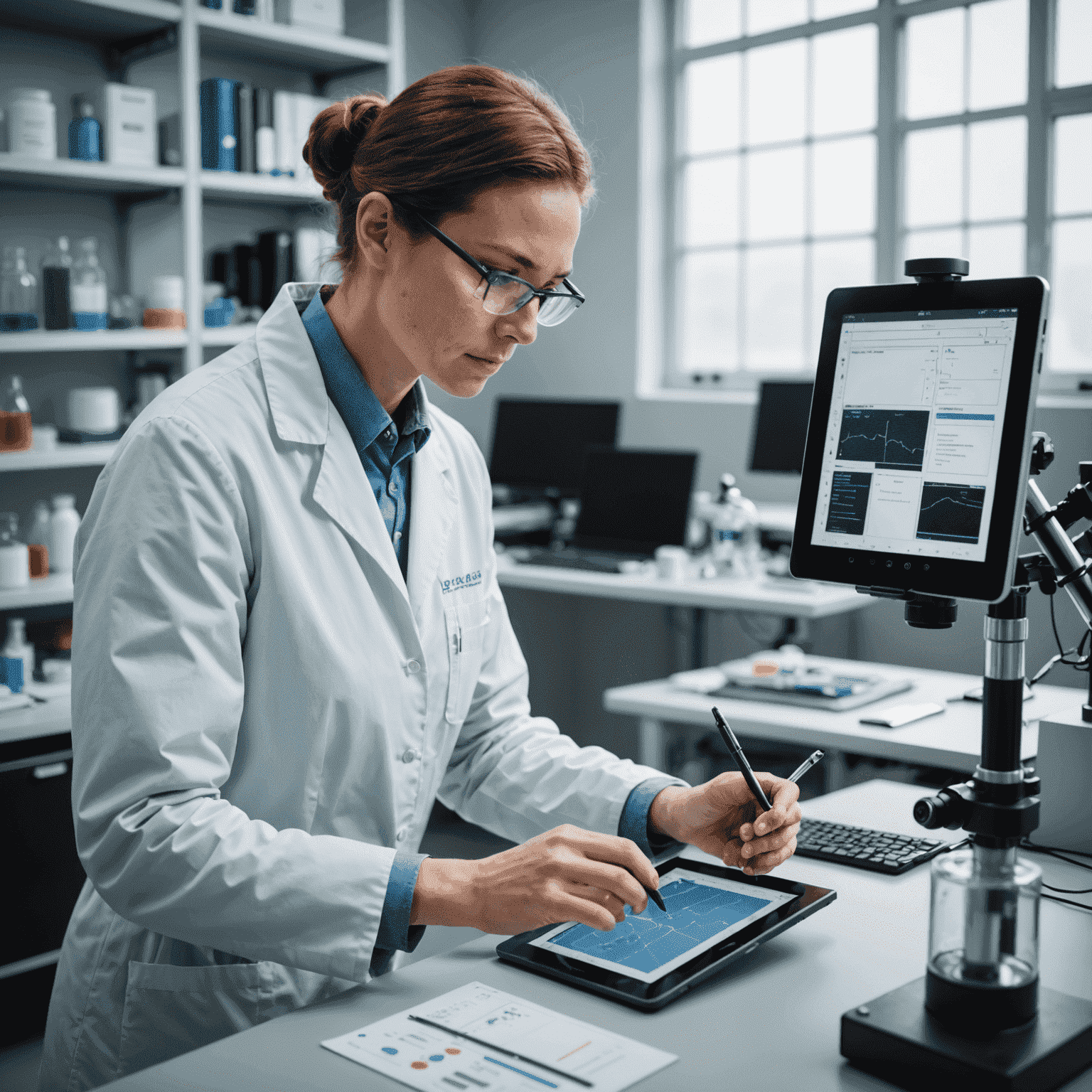 A researcher in a laboratory, using Aiworkspacehome on a tablet to record observations. The lab is filled with scientific equipment and charts.